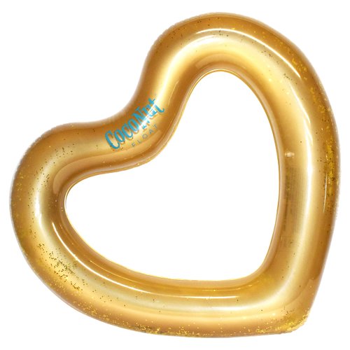 Coconut Float: Gold Glitter Heart Pool Float - 48"x40", Inflatable 48" Jumbo Ring, Anti-Leak, Durable, Water Accessory