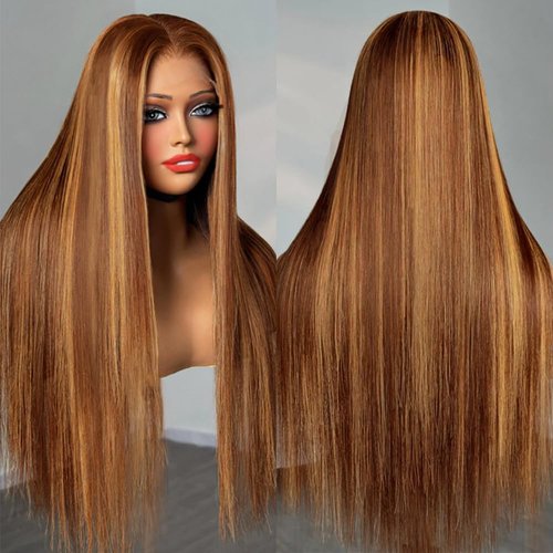 JKD 20inch Highlight Lace Front Wig Human Hair Ombre 13x4 HD Straight Lace Front Wigs 180% Density 5/27 Colored Honey Blonde HD Lace Frontal Wigs For Women Pre Plucked with Baby Hair