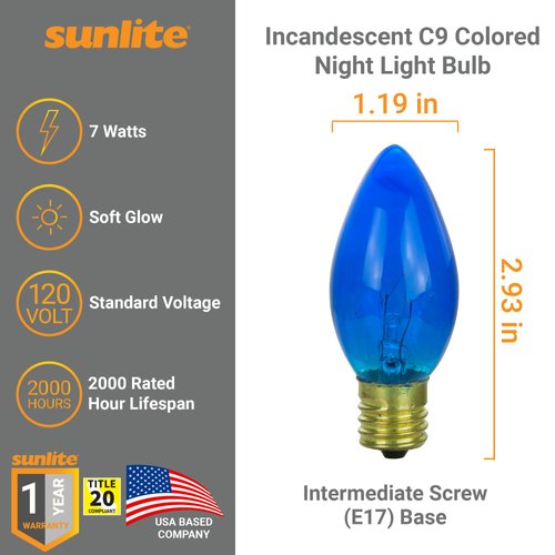 Sunlite Incandescent C9 Colored Night Light Bulb, 7 watts, 120 Volts, Intermediate E17 Screw Base, 2000 Rated Hours, Christmas-Lights Nightlight, Transparent Blue, 25 Pack