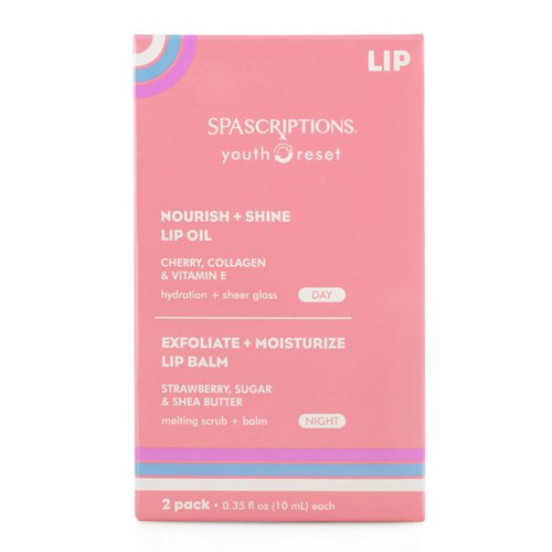2 Tubes: Nourish + Shine Lip Oil Cherry, Collagen & Vitamin E and Exfoliate + Moisturize Lip Balm Strawberry, Sugar & Shea Butter 0.35 oz