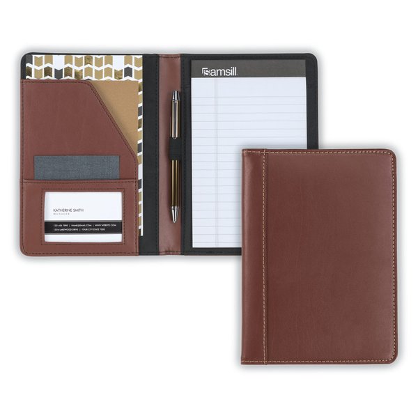 Samsill Contrast Stitch Faux-Leather Portfolio, Mini Size Business Interview Professional Padfolio, Includes 5 x 8 Inch Writing Pad, Brown