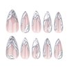 SINHOT Gothic Press on Nails Long Stiletto Fake Nails Y2K Silver Acrylic Nails Glossy Glue on Nails Stick ons False Nails with Design 24 pcs