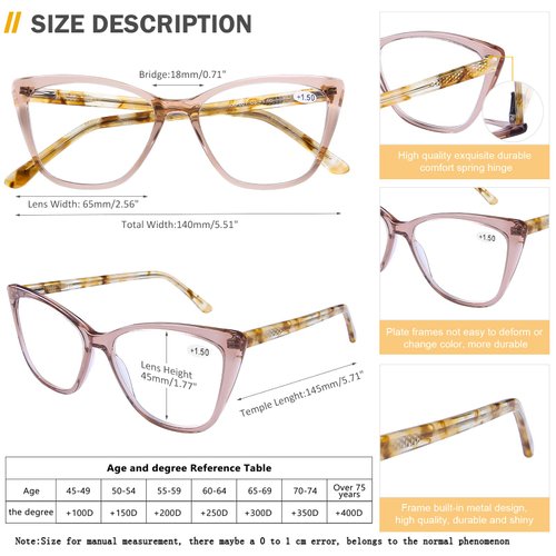 AQWANO Stylish Cat Eye Computer Reading Glasses Women Oversized Designer Blue Light Block Eyeglasses Readers Anti UV400 Eyestrain with Sping Hinge,Champagne 2.5