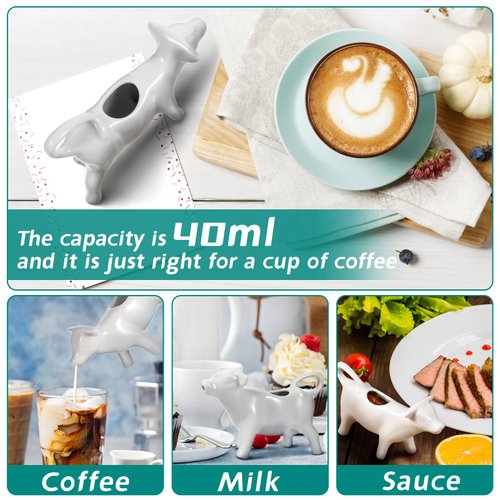 Angoily White Ceramic Creamer with Handle, 40ML/1.35 oz Creative Cow Shape Creamer Cups, Mini Creamer Pitcher, Creamer Jug for Coffee/Tea/Milk