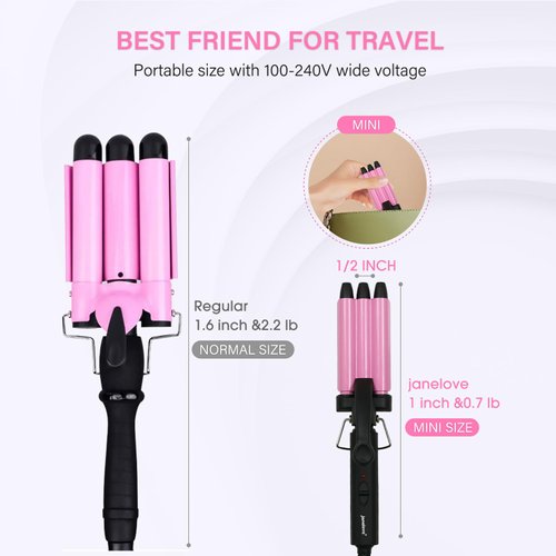 Mini Hair Crimper, janelove 1/2 Inch Beach Waves Curling Iron, Hair Waver for Short & Medium Hair with 3 Ceramic Barrels, Home and Travel Friendly Crimper Hair Tool, Dual Voltage, 392℉ Fast Heating