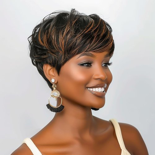 Short Curly Wigs for Black Women Pixie Cut Wig for Womens Short Hair Black Wig with Bangs Natural Wavy Synthetic Wigs for Black Women (Black mixed brown)