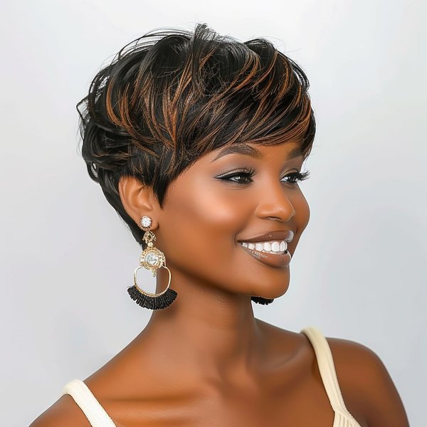 Short Curly Wigs for Black Women Pixie Cut Wig for Womens Short Hair Black Wig with Bangs Natural Wavy Synthetic Wigs for Black Women (Black mixed brown)