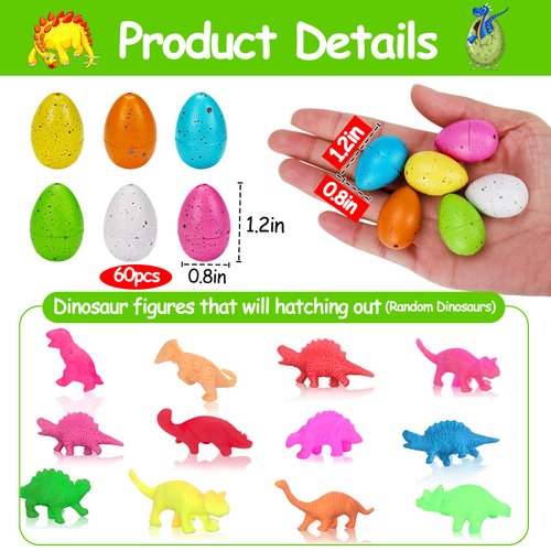 60PCS Small Hatching Dinosaur Eggs for Dinosaur Party Favors Birthday Valentine Goodie Bag Stuffers Classroom Carnival Prizes Bulk Pinata Fillers Novelty Grow in Water Dino Eggs with Toys Inside