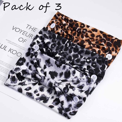 Aceorna Boho Button Headband Wide Knotted Hairbands Stretch Nurse Headbands Women Head Wraps Workout Ear Saver Hair Band Leopard Turban Headwear Yoga Hair Accessories for Women 3 Pcs (Set A)