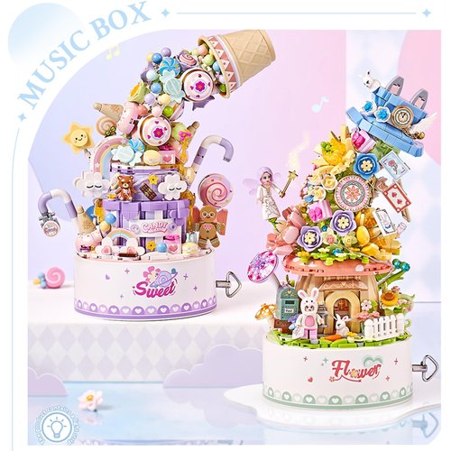 MEIEST Falls Building Blocks Rotating Music Box Set,Candy Flower Bonsai Botanical Collection with Light,Home Decor (Candy)
