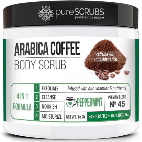 pureSCRUBS Premium Organic Arabica Coffee Body Scrub Set - PEPPERMINT BLEND 16oz Anti Cellulite Scrub With Essential Oils & Nutrients + FREE Wooden Spoon, Loofah & Mini Organic Exfoliating Bar Soap