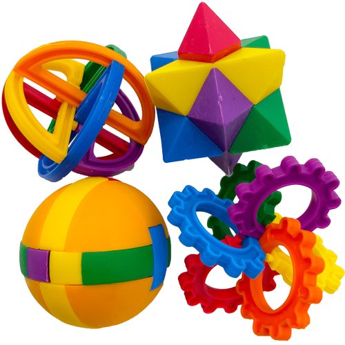 Mandarin Bird Toys by M&M 1028 Pk4 Brain Bird Puzzles - Brightly Colored Multi Piece Plastic Foot Toys, Four Different Sphere Shaped Puzzles, Tons of Individual Lightweight Parts, Grabbing Fun Birds