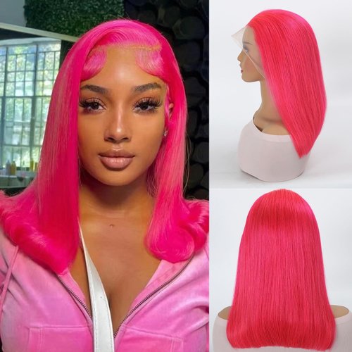 SEXAY Pink Bob Wigs 13x4 HD Lace 100% Human Hair Front Wig Brazilian Unprocessed Virgin Human Hair Pink Bob Wigs Pre Plucked Natural Hairline Transparent Lace Pink Front Bob for Women (14")