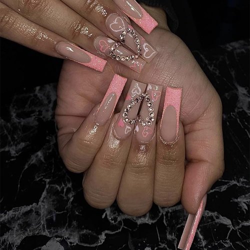 LTTECH Long Press on Nails Pink Coffin French Fake Nails Full Cover Glitter Acrylic False Rhinestone Nails LOVE Design Nails for Women and Girls 24PCS
