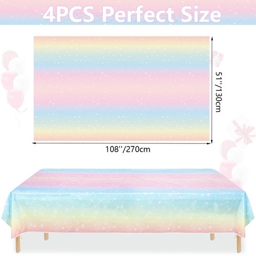 QUERICKY 4 Pack Pastel Rainbow Tablecloths, 108x51'' Plastic Disposable Rectangle Pastel Rainbow Table Cover for Girls Rainbow Birthday Party Decorations Baby Shower Party Supplies