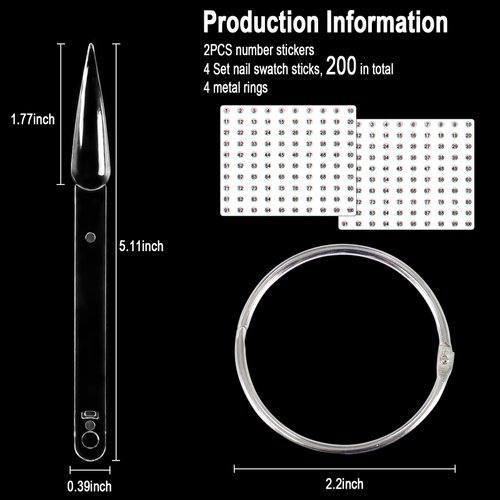 Allstarry 200 Pcs Clear & Natural Nail Swatch Sticks with Ring and Numbered Tips Pointed Shaped Nail Art Polish Display Tips, False Nail Sample Sticks, Sacks of Transparent Nail Practice for Manicure