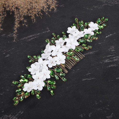 Teyglen Bride Flower Wedding Hair Comb Headband White Flower Rhinestone Headpiece Bridal Green Crystal Hair Piece Hair Accessories for Women Girls (Green)