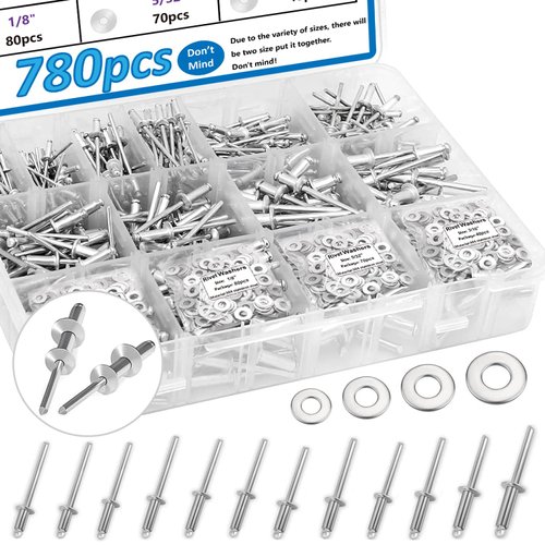 smseace 780pcs 18-Sizes Pop Rivets Assortment Kit with Backup Washers 3/32" 1/8" 5/32" 3/16" 14-Sizes Aluminum Rivets 4-Sizes Backup washers for Blind Rivet Silver Pop Rivets Assortment kit