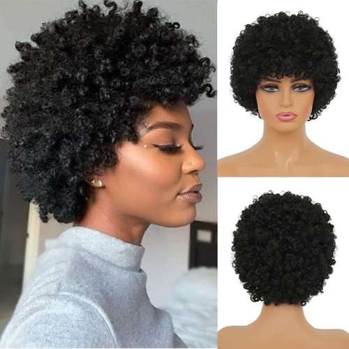 Amnenl Short Afro Black Kinky Curly Wigs for Women Natural Fashion Synthetic Full Wig for African American Women for Daily Party with Wig Cap