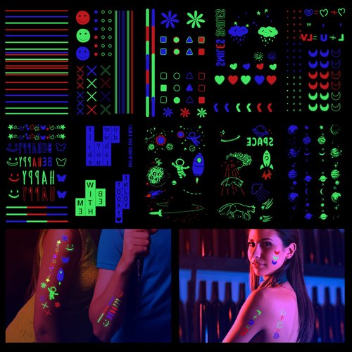 LOMIMOS 256pcs Party Luminous Temporary Tattoos,Glow in Dark Fluorescent Night Sticker Decor for Party Kid Adult(10 Sheets)