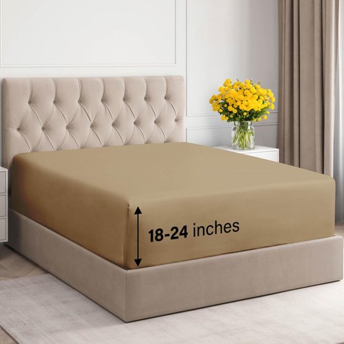 400 Thread Count Cotton - Single Fitted Sheet Only - Extra Deep Pocket - Full Size Fitted Sheet - Cotton Sheets Full - Crisp Cotton - Fitted Sheet - Fits Mattress Perfectly (Full, Beige)