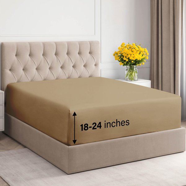 400 Thread Count Cotton - Single Fitted Sheet Only - Extra Deep Pocket - Full Size Fitted Sheet - Cotton Sheets Full - Crisp Cotton - Fitted Sheet - Fits Mattress Perfectly (Full, Beige)