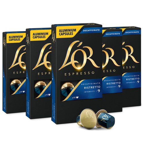L'OR DECAF Espresso Capsules, 50 Count DECAF Ristretto, Single-Serve Aluminum Coffee Capsules Compatible with the L'OR BARISTA System & *Nespresso Original Machines