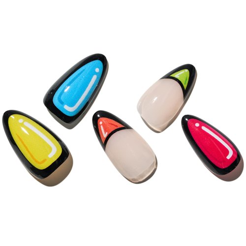 GLAMERMAID Black Press on Nails Medium Almond, Emo Fake Nails Short Oval with Gothic Eyes Desgin, Rainbow Star Glossy Gel Acrylic Stiletto Stick on False Nails Set, Reusable Glue on Nail Kit for Women
