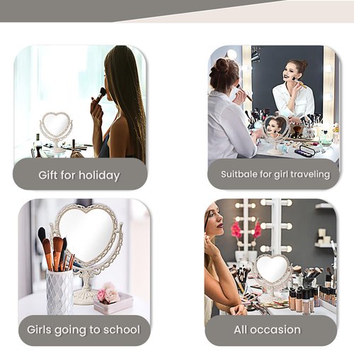XPXKJ 7 Inch Vintage Heart Mirror - Elegant Desk Makeup Mirror with Double Sided 360 Degree Rotation Vanity Mirror for Coquette Room Decor (Beige 1pcs)