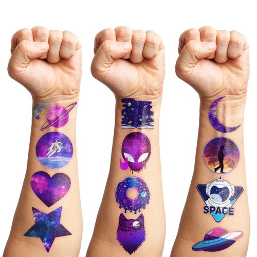 8 Sheets (88PCS) Galaxy Temporary Tattoos Themed Space Birthday Party Decorations Supplies Favors Decor Stickers for Kids Gifts Classroom School Prizes Rewards