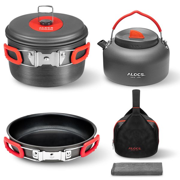 Alocs Camping Cookware, Alumina Camping Cooking Set with Camping Kettle, Lightweight Portable Camping Gear, Non-Stick Camping Pan Included Storage Carry Bag for Outdoor Backpacking Hiking and Picnic