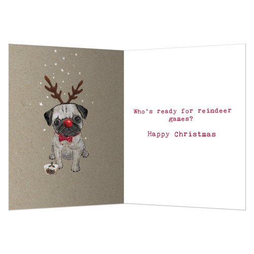 Tree-Free Greetings Holiday Greeting Cards, Pug Happy Christmas, Vintage Brown Recycled Paper, Boxed Note Card Set, 10-Pack (HB93301)