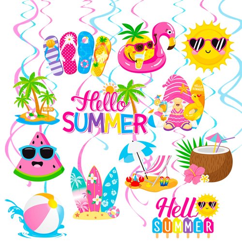 20Pcs Hello Summer Party Hanging Swirls Summer Beach Party Ceiling Hanging Decor Pool Party Hanging Streamers Summer Birthday Decorations for Hawaiian Themed Birthday Party Supplies