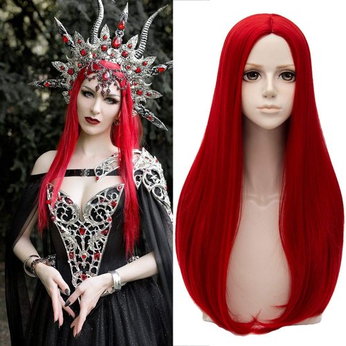 WGPFWIG Red Wigs For Women Natural 24" Long Straight Middle Hair Wigs Soft Daily Basic Heat Resistant Curly Wave Wig For Women Girl Cosplay Party Halloween Wig Cap Included (Red)