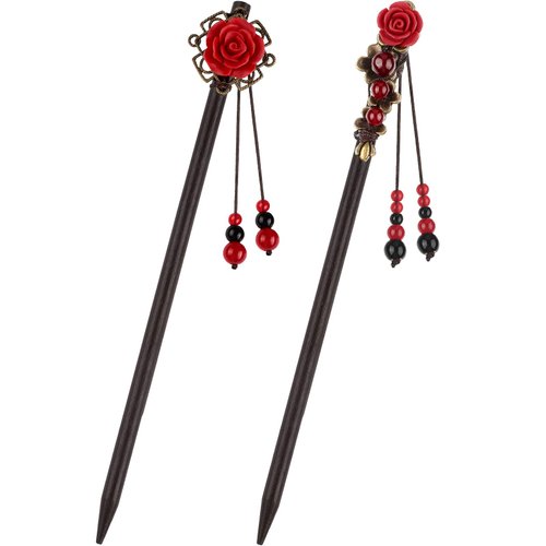 WILLBOND 2 Pieces Chinese Wooden Hair Sticks Retro Wooden Hairpins Japanese Classic Hair Chopsticks Handmade Flower Hair Accessories for Women Long Hair(Classic Style)