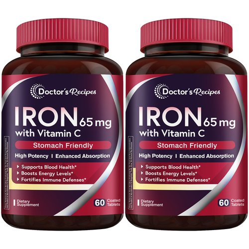 Doctor's Recipes Iron Supplement 65 mg with Vitamin C - Maximized Absorption & Stomach Friendly Iron Pills for Red Blood Cells Formation, Heart, Brain & Immunity Health - Vegan 120 Tabs (Pack of 2)