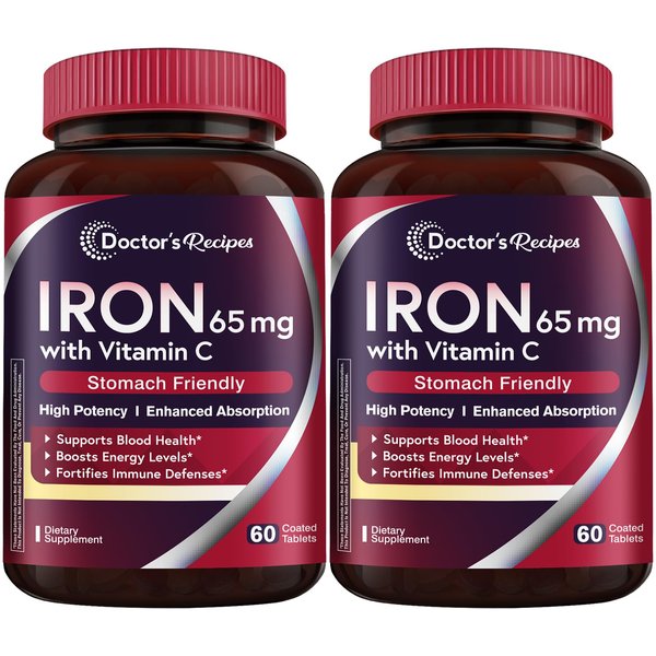 Doctor's Recipes Iron Supplement 65 mg with Vitamin C - Maximized Absorption & Stomach Friendly Iron Pills for Red Blood Cells Formation, Heart, Brain & Immunity Health - Vegan 120 Tabs (Pack of 2)