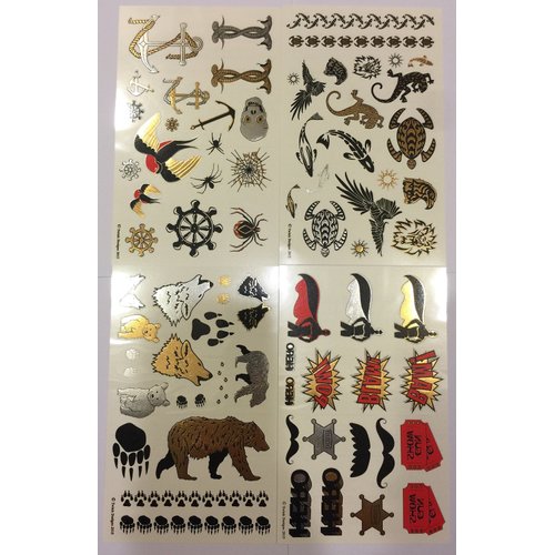 Temporary Tattoos for Boys and Girls | 77 Tattoos on 4 Sheets | Fun Metallic Tattoos for Kids | Black, Silver, Red & Gold Tattoo Bears Wolves Turtles Lizards Spiders Birds and More | Twink Designs