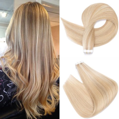 Tape in Hair Extensions Real Human Hair 20pcs 30g 100% Remy Hair Extensions of Balayage Golden Brown Highlighted Bleach Blonde Seamless Straight Double Sided Tape in Human Hair (12 inch #12P613)