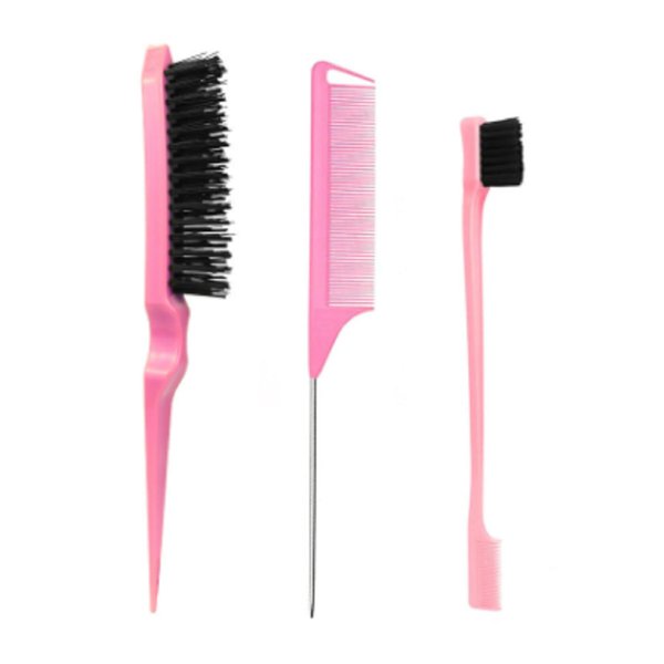 Comb Set, Pink comb,3 Pcs. slick back hair brush,Slick Back Brush with Edge Brush, styling comb for kids for middle part，Rat Tail Comb, Teasing Brush Set for Smoothing brush Baby Hair