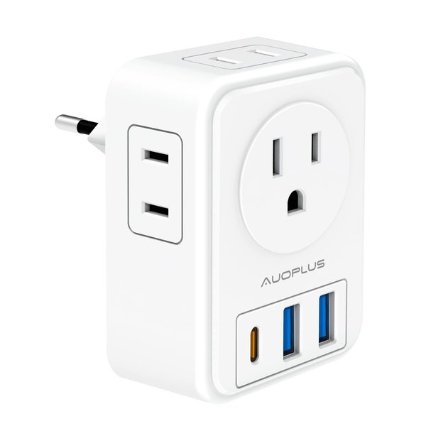 European Travel Plug Adapter, AUOPLUS International Power Plug Adapter with 3 USB Ports (1 USB C), 4 AC Outlets Cruise Ship Essentials for US to Most of Europe Spain Italy France Germany