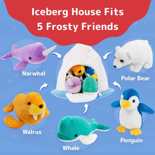 PREXTEX Stuffed Animal with Babies Inside - Five Small Plush Christmas Stuffed Animal House - Penguin Toy, Polar Bear Plush, Whale, Narwhal, Walrus, Toy Igloo - Artic Stuffed Animals for Girls/Boys