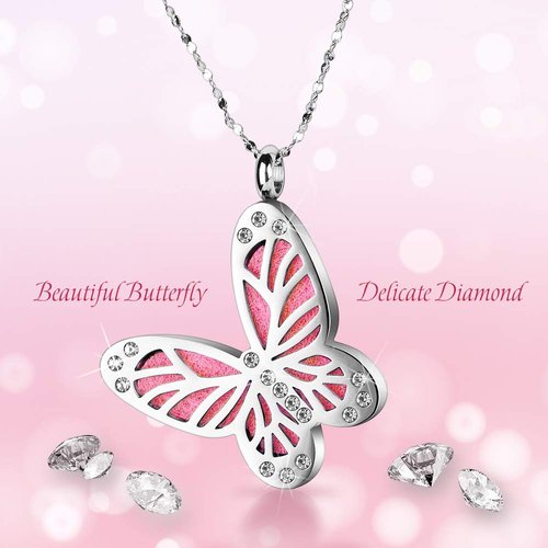 Maromalife Essential Oil Diffuser Necklace Butterfly Zircon Stainless Steel Aromatherapy Pendant Locket with Adjustable Chain and 10 PCS Felt Pads Mothers Day Christmas Birthday Gift for Women Girls