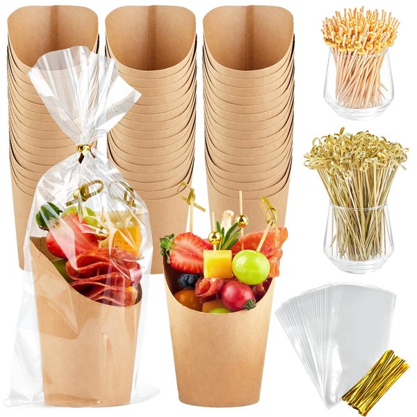 ZORRITA 50 Sets 14 oz Charcuterie Cups with Sticks, Individual Kraft Paper Charcuterie Boxes Disposable Snack Serving Cups for Fruits Appetizers (50 Cups + 200 Cocktail Picks + 50 Bags)