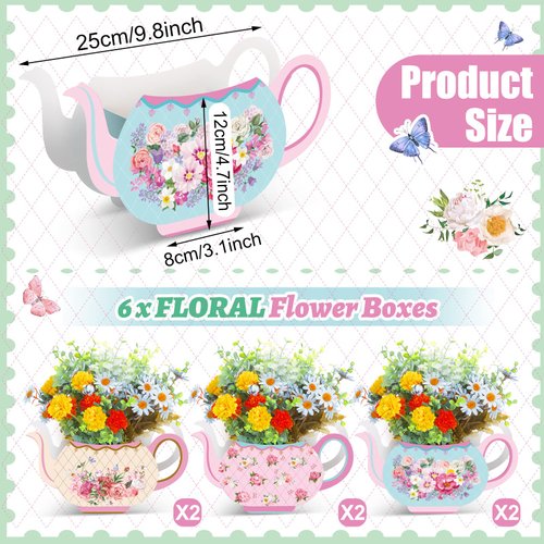 Yinder 6 Pcs Tea Party Decorations Princess Party Flower Boxes Centerpiece Floral Teapot Centerpiece for Floral Tea Themed Birthday Party Supplies Wedding(Sweet Tea Pot)