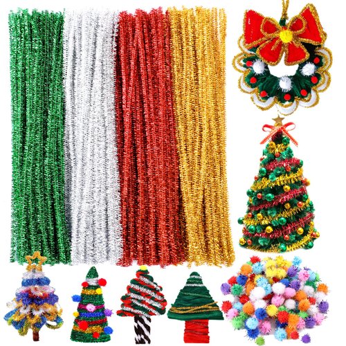 200 Pieces Pipe Cleaners, Christmas Glitter Pipe Cleaners, Pipe Cleaners Chenille Stem with 100 Pom Poms, Craft Pipe Cleaners for Creative Christmas Decoration Supplies Arts and Crafts Project