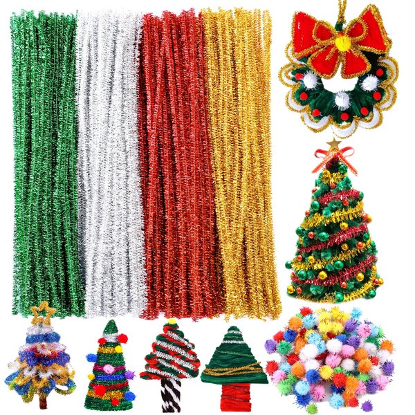 200 Pieces Pipe Cleaners, Christmas Glitter Pipe Cleaners, Pipe Cleaners Chenille Stem with 100 Pom Poms, Craft Pipe Cleaners for Creative Christmas Decoration Supplies Arts and Crafts Project