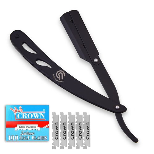 QURESHI KNIFES Stainless Steel Straight Edge Barber Razor a Professional Razor for Men Includes 100 Blades, for a Silky Magic Shave (matte Black)