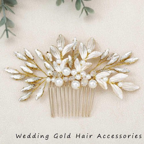 Unicra Bride Wedding Gold Leaf Hair Comb Crtstal Bridal Headpiece Bridesmaids Pearls Hair Accessories for Women and Girls (Gold)