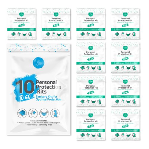 Personal Protection Kit TO GO, Mini 4 Item PPE Kit for Travel and School | Includes 1 Each of Face Covering, Gloves, Cleansing Wipes & Hand Cleansing Gel | 10 - Pack (Turquoise)